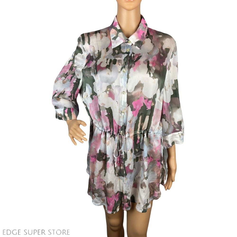 Basler Pink Floral Long Sleeve Drawstring Button Down Tunic Blouse Top Size 44
